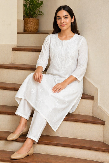 Elegant White Cotton Chikankari Embroidered Straight Kurti for Women