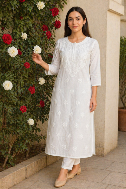 Elegant White Cotton Chikankari Embroidered Straight Kurti for Women