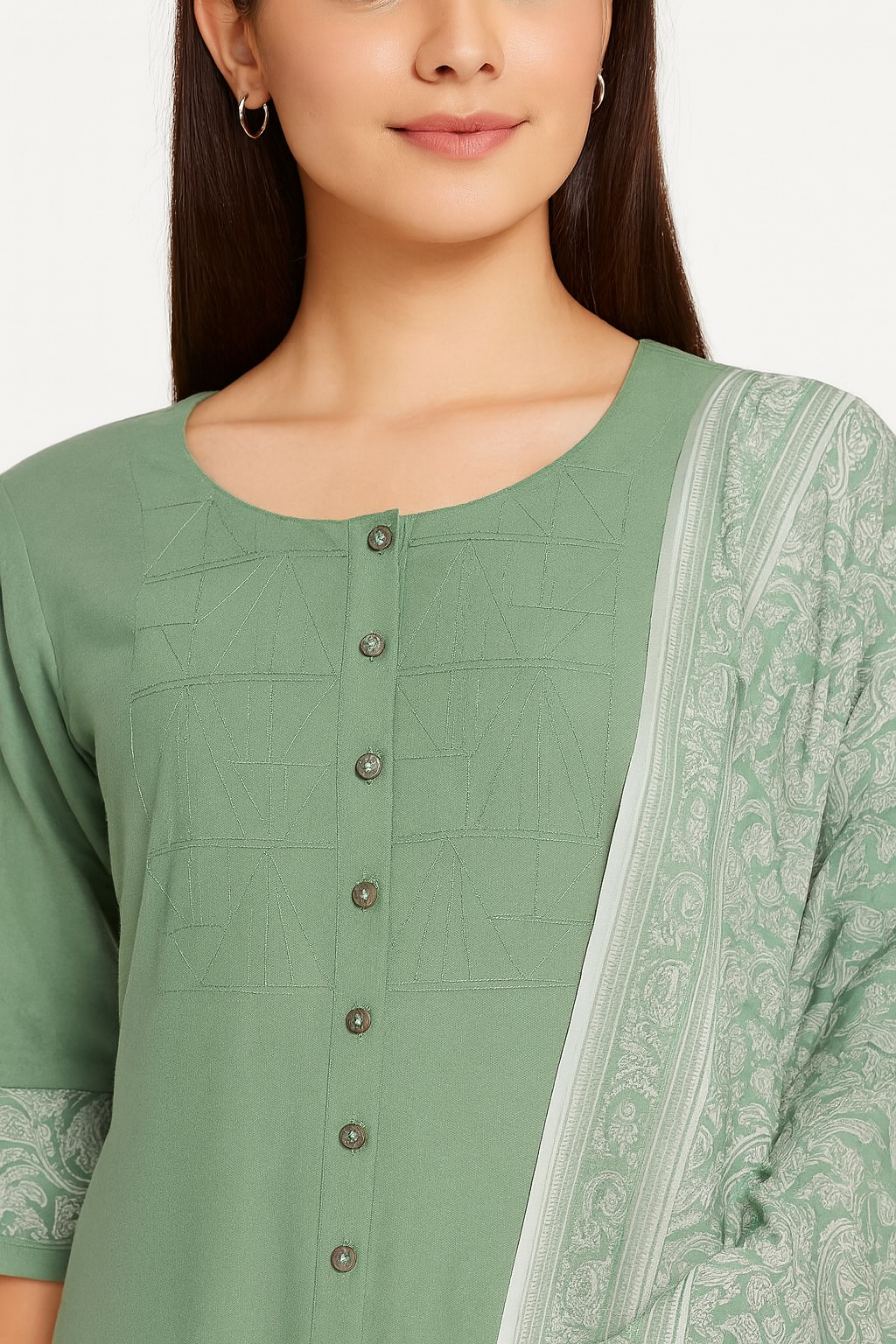 Sage Green Cotton Kurta Set with Printed Pants & Dupatta – Elegant Ethnic Wear by Natural Fab