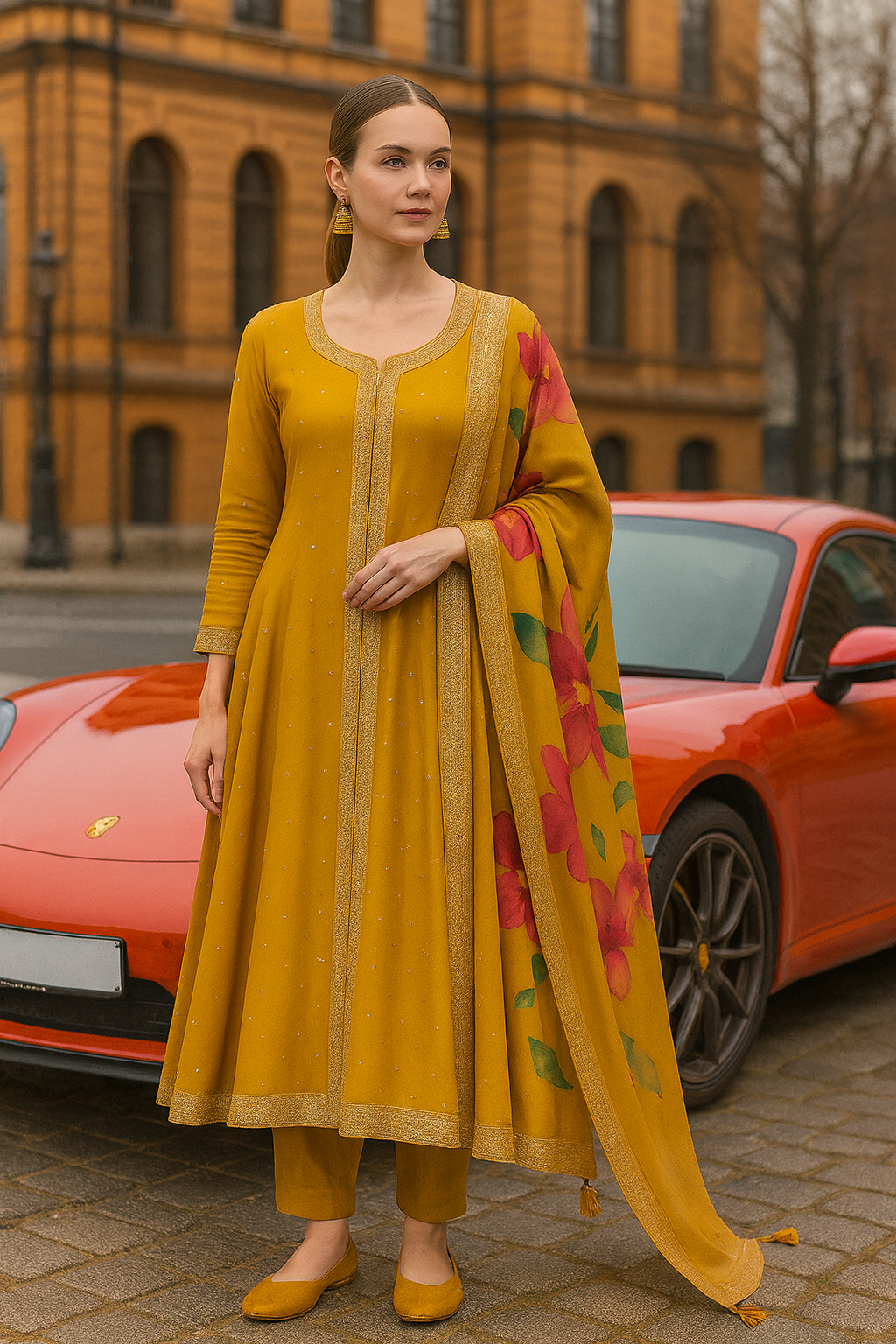 Yellow Tissue Fabric Kurti Set with Floral Print & Dupatta – Elegant Festive Wear for Women
