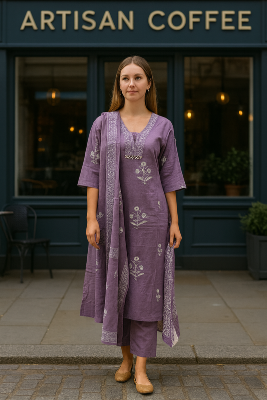 Lavender Handblock Printed Cotton Kurta Set with Dupatta