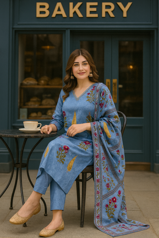 Elegant Blue Floral Printed Cotton Kurta Set for Women | Soft Summer Ethnic Wear | Festive & Casual Suit with Dupatta