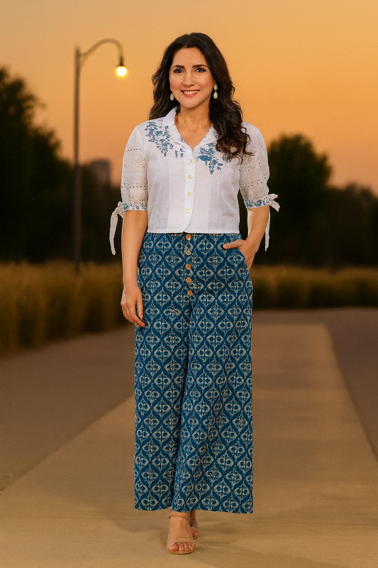 Cotton Embroidered Shirt & Printed Palazzo Set – Effortless Elegance