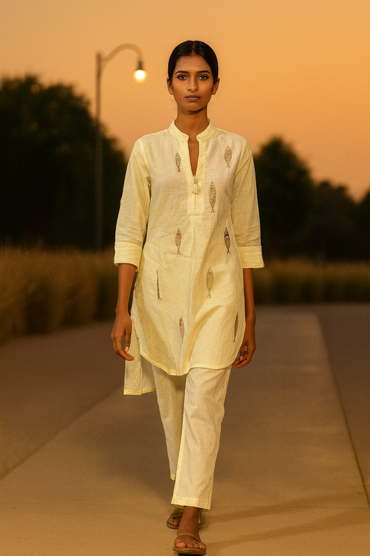 Beige Handblock Cotton Kurta Set for Women – Elegant Ethnic Wear by Natural Fab
