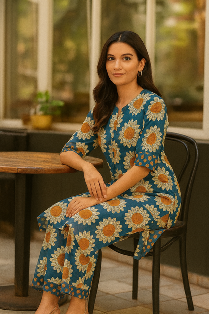 Blue Handblock Printed Cotton Co-ord Set for Women | Comfortable Ethnic Wear with Floral Design