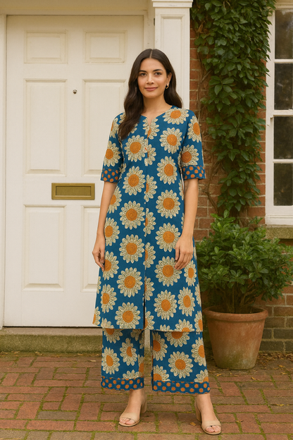 Blue Handblock Printed Cotton Co-ord Set for Women | Comfortable Ethnic Wear with Floral Design