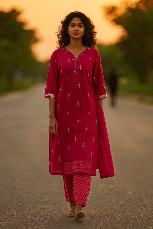 Fuchsia Grace Printed Cotton Kurta Set – Radiate Festive Charm