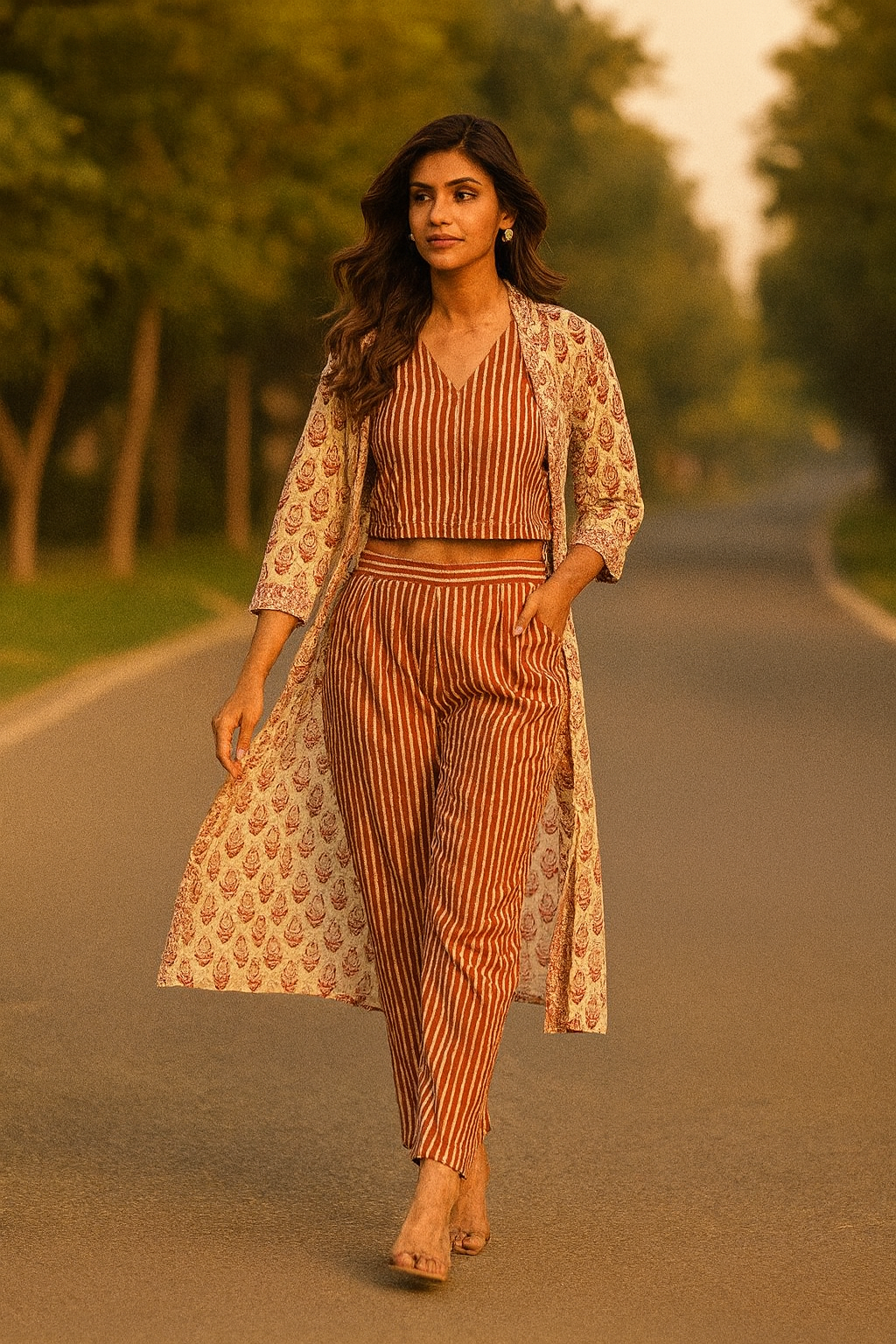Rust Striped Co-Ord Set with Floral Print Shrug