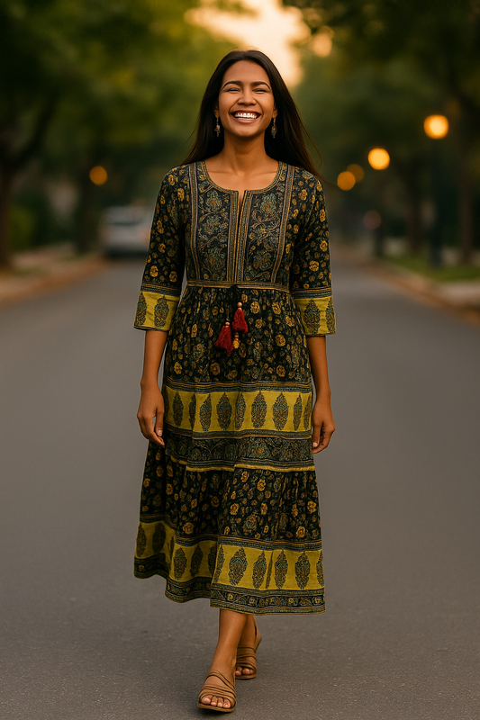 Ethnic Printed Fit-and-Flare Midi Dress with Tassel Detail