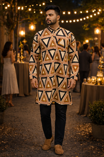 Handcrafted Cotton Ajrakh Print Men's Kurta – Geometric Pattern