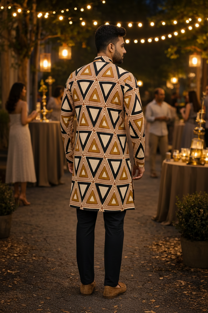 Handcrafted Cotton Ajrakh Print Men's Kurta – Geometric Pattern