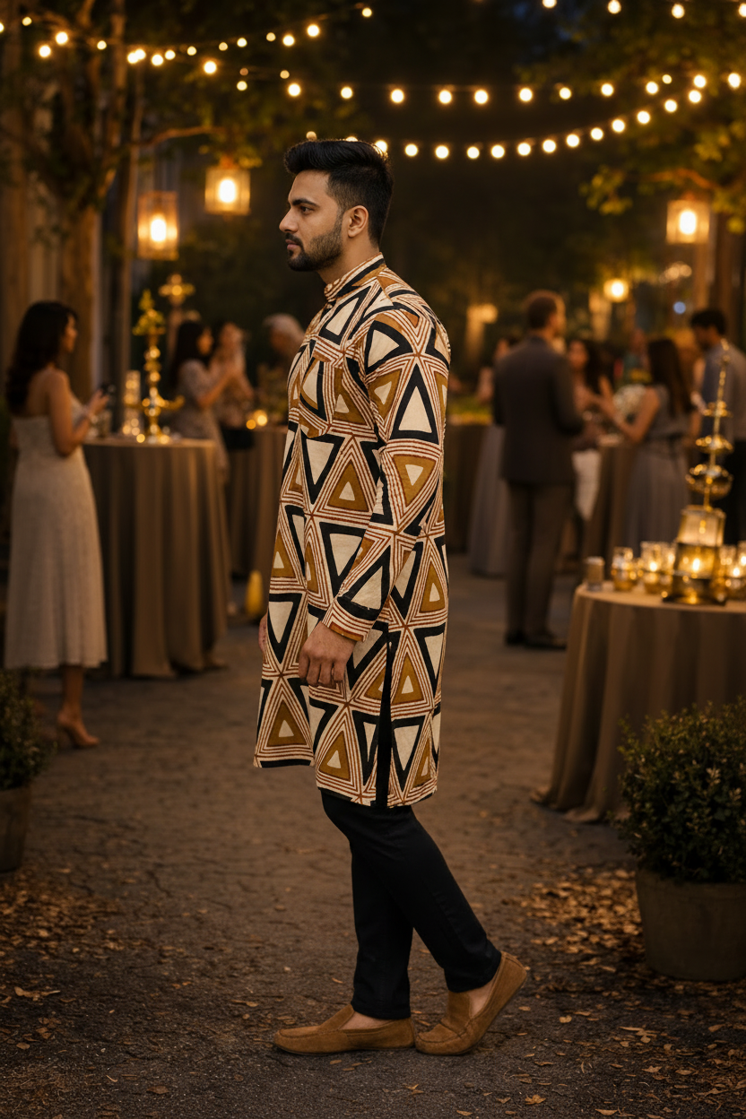 Handcrafted Cotton Ajrakh Print Men's Kurta – Geometric Pattern
