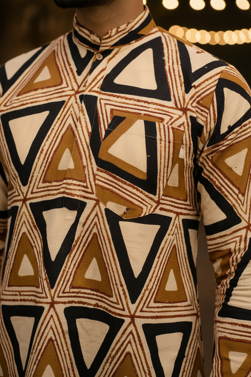 Handcrafted Cotton Ajrakh Print Men's Kurta – Geometric Pattern