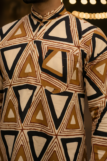 Handcrafted Cotton Ajrakh Print Men's Kurta – Geometric Pattern