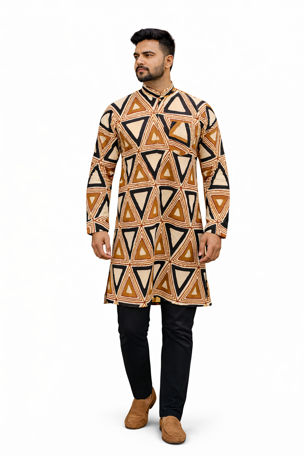 Handcrafted Cotton Ajrakh Print Men's Kurta – Geometric Pattern