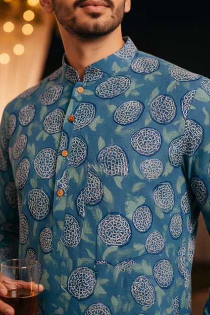 Teal Blue Hand Block Printed Cotton Men’s Knee Length Kurta | Traditional Ethnic Wear by Natural Fab