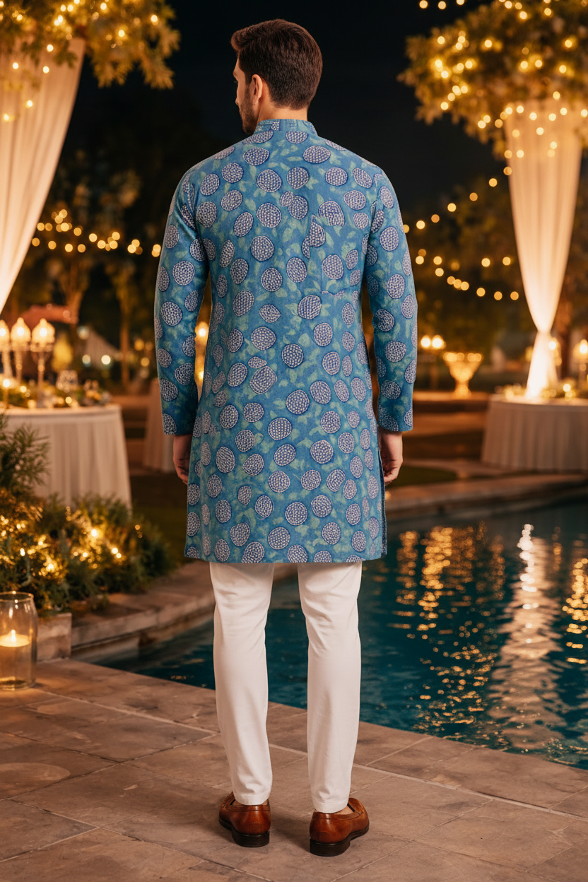 Teal Blue Hand Block Printed Cotton Men’s Knee Length Kurta | Traditional Ethnic Wear by Natural Fab