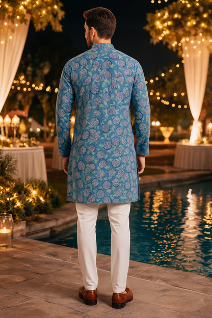 Teal Blue Hand Block Printed Cotton Men’s Knee Length Kurta | Traditional Ethnic Wear by Natural Fab
