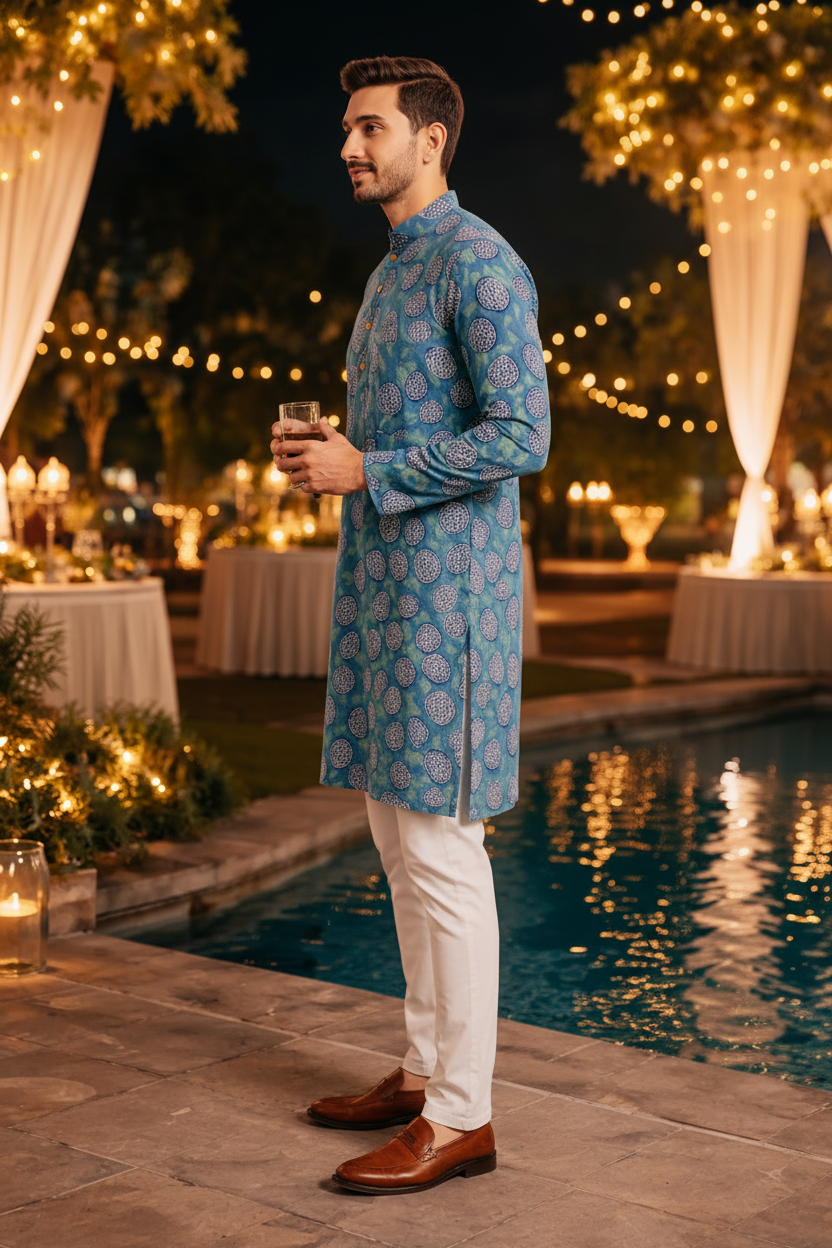 Teal Blue Hand Block Printed Cotton Men’s Knee Length Kurta | Traditional Ethnic Wear by Natural Fab