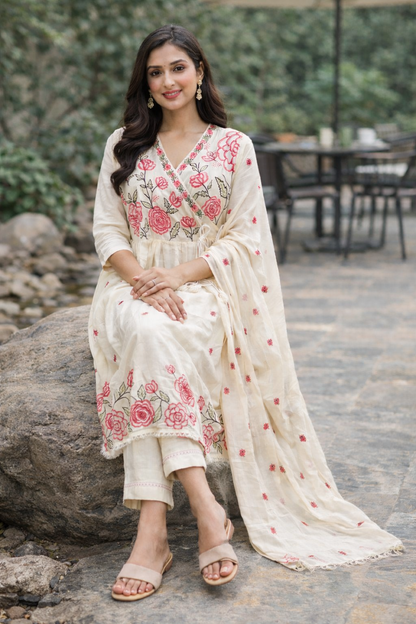 Floral Embroidered Cotton Kurti Set for Women with Dupatta – Cream Ethnic Kurta Pant Set | Natural Fab