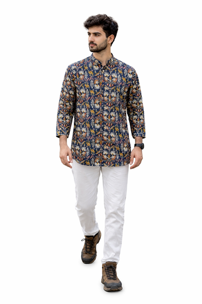 Men’s Navy Blue Printed Cotton Kurta – Premium Ethnic Wear