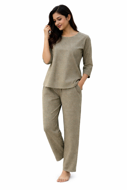 Women’s Olive Green Printed Cotton Night Suit – Soft & Comfortable Sleepwear Set