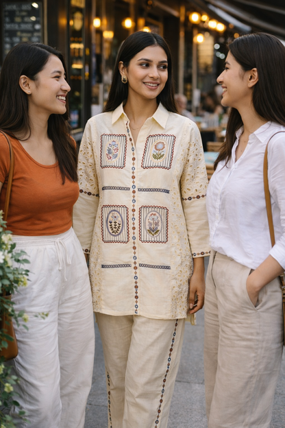 Women’s Cotton Co ord set with Embroidered Panels | Handcrafted Ethnic Co-Ord, Soft & Breathable