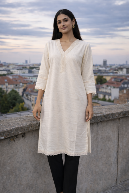 Women’s White Cotton Kurti with Lace V-Neck | Handcrafted Straight Kurta, Soft & Breathable