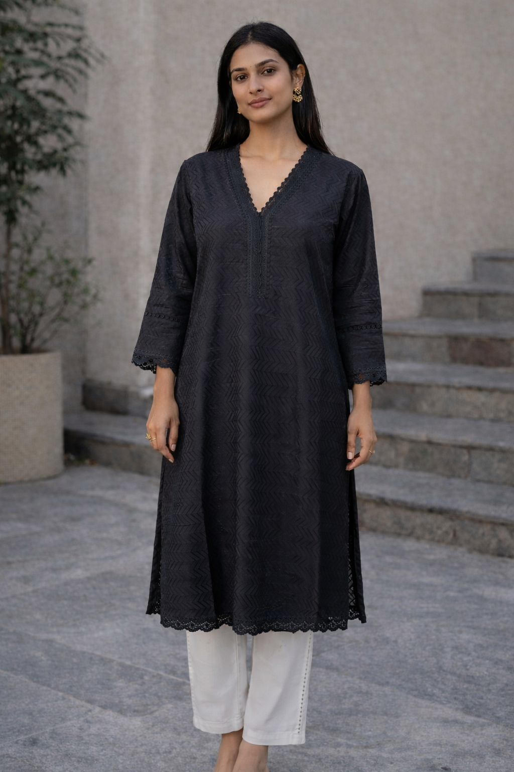 Women’s Black Cotton Kurti with Lace Detailing | Handcrafted Straight Kurta, Soft & Breathable