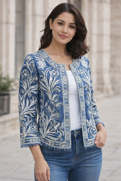 Natural Fab Women’s Cotton Denim Jacket, Handcrafted Embroidered Blue Casual Layering Jacket