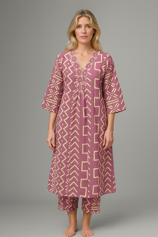 Blush Pink Geometric Print Cotton Kurta Set with Pleated Neckline