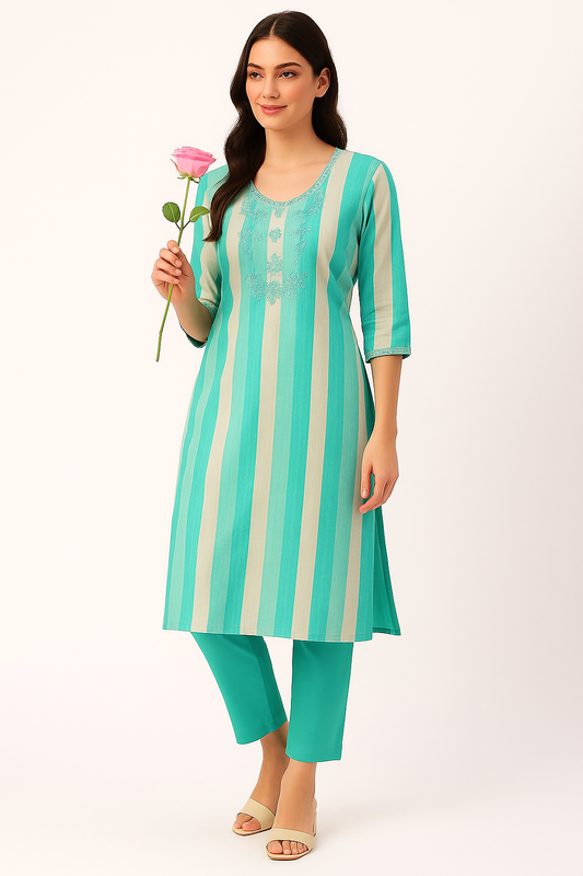 Aqua Green & Beige Striped Muslin Kurta Set with Embroidery