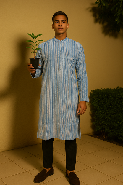 Traditional Blue Striped Men’s Long Kurta