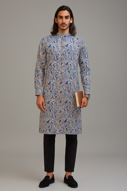 Men's Long Kurta with Floral Print