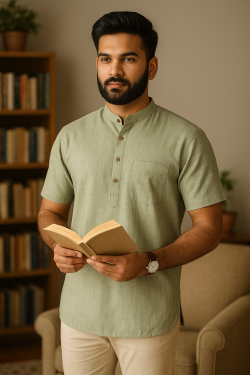 Light Sage Green Short Kurta – Textured Cotton with Wooden Buttons
