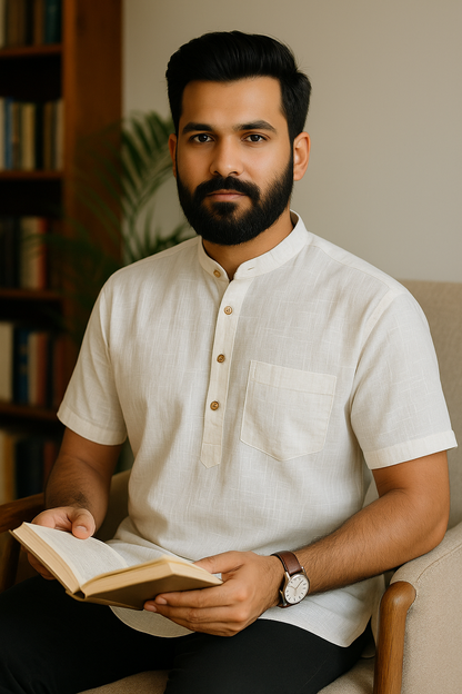 Men’s Short Kurta in White Cotton – Mandarin Collar