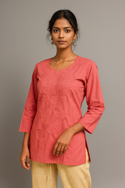 Blush Elegance: Hand-Embroidered Cotton Kurti