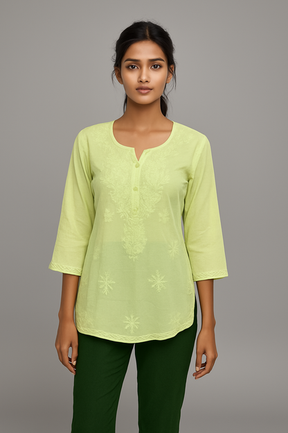 Lime Green Chikankari Short Kurti – Elegant Everyday Charm