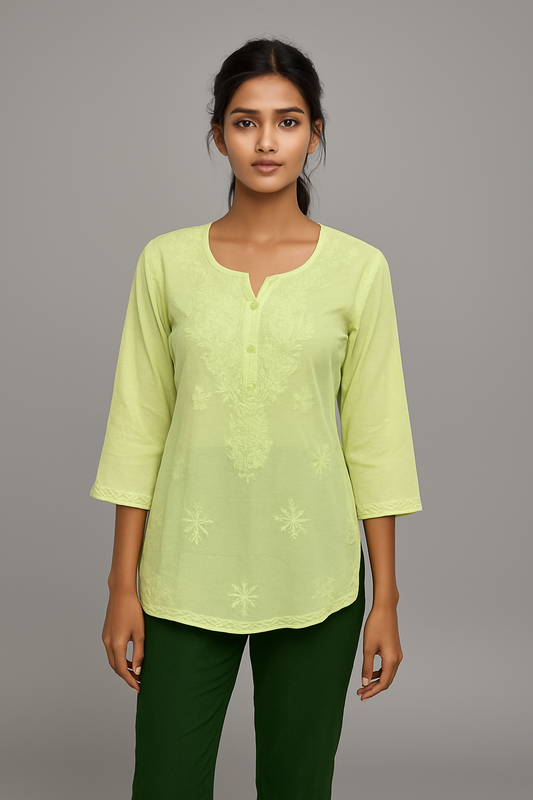 Lime Green Chikankari Short Kurti – Elegant Everyday Charm