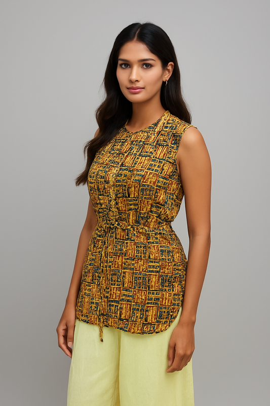Short Kalamkari Sleeveless Kurti with Drawstring Waist