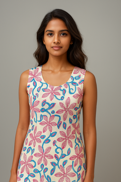 Off-White Sleeveless Multicolor Floral Embroidered Cotton Kurti