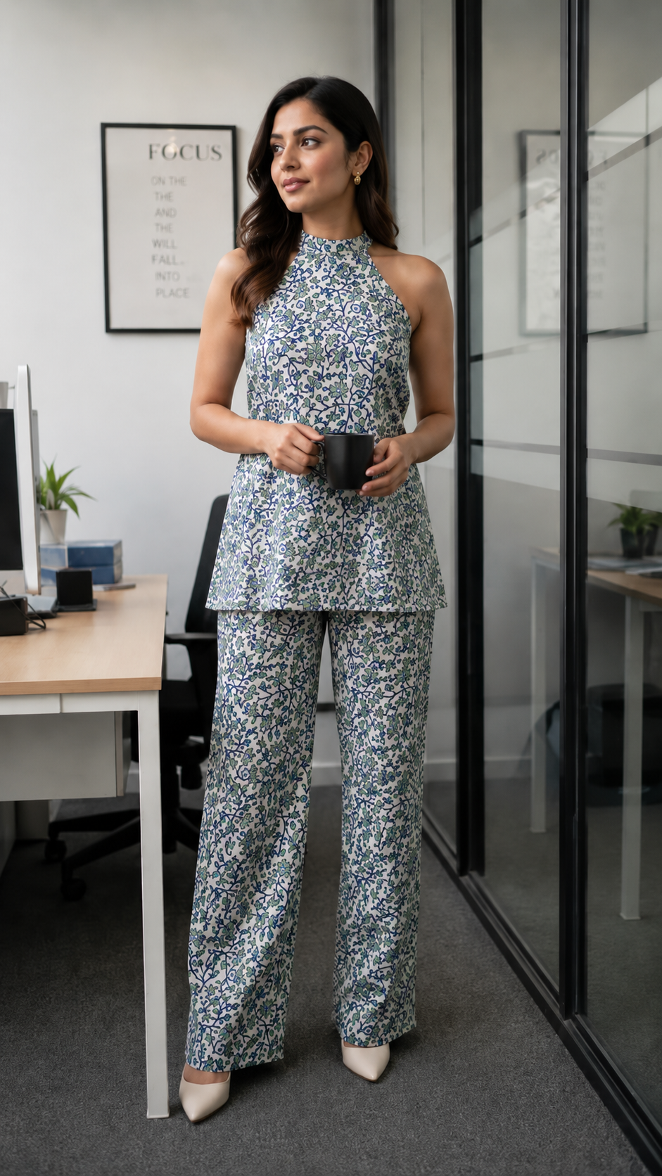 Women Cotton Halter Neck Co-Ord Set | Floral Printed Sleeveless Top & Pants Set | Stylish Summer Co Ord for Women