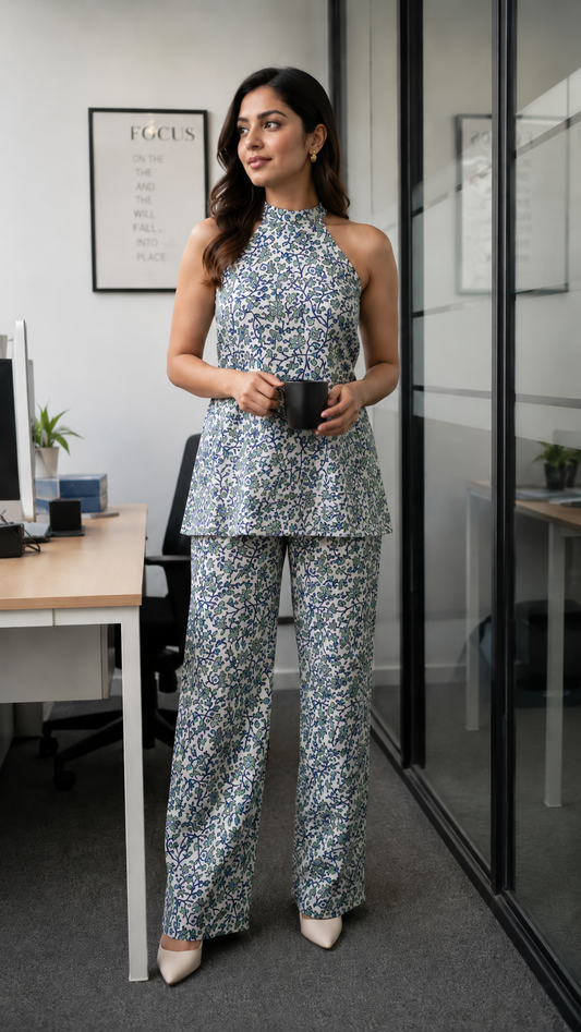 Women Cotton Halter Neck Co-Ord Set | Floral Printed Sleeveless Top & Pants Set | Stylish Summer Co Ord for Women