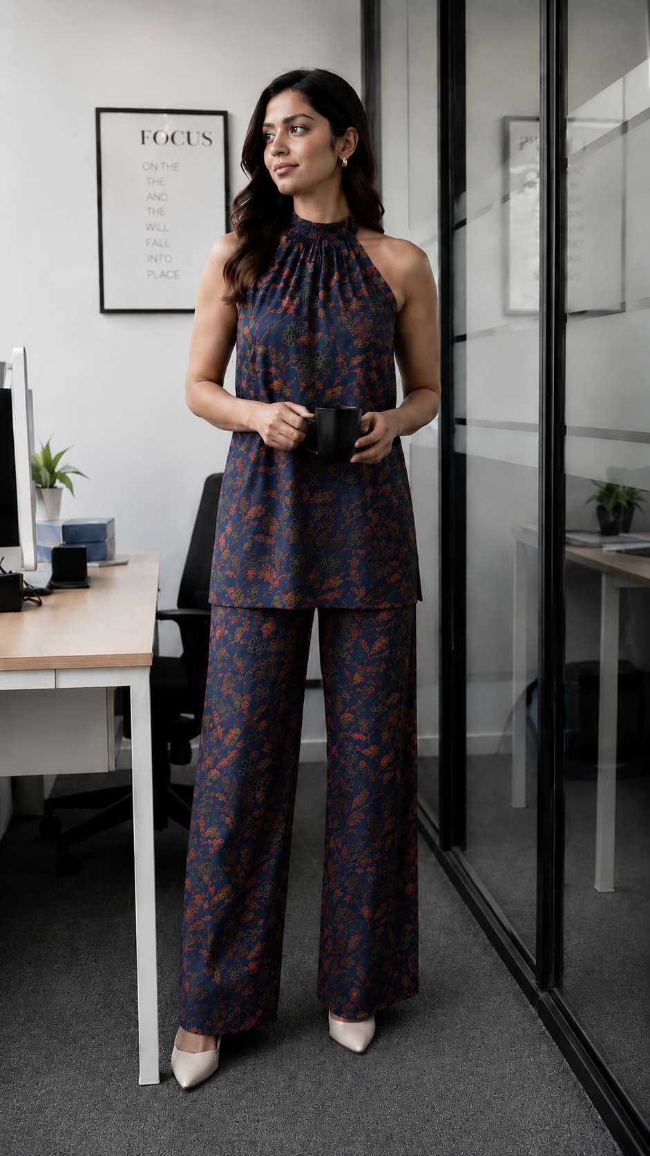 Women Navy Blue Floral Printed Halter Neck Co-Ord Set | Sleeveless Top & Pants Set | Stylish Cotton Summer Outfit