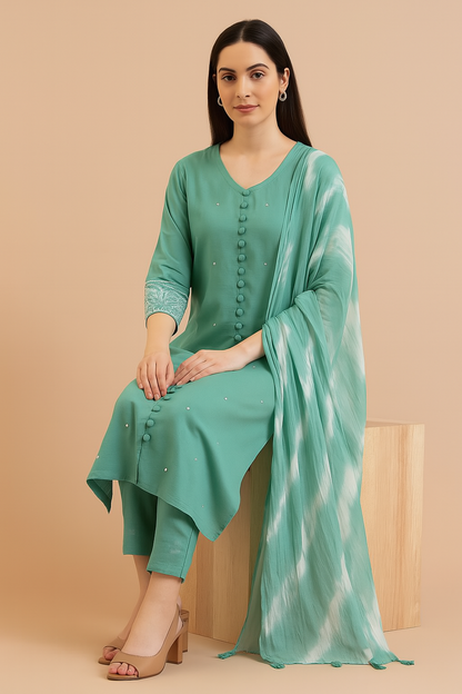 Solid Kurti Set with Embroidered Sleeves & Tie-Dye Dupatta – Graceful Festive Wear