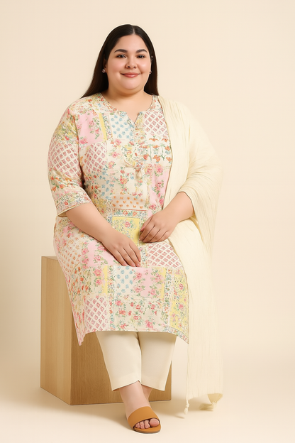 Multicolor Floral Print Kurti Set with Dupatta – Cotton Comfort Fit