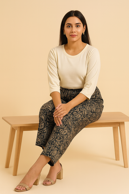 Women’s Black & Beige Handblock Printed Cotton Palazzo Pants – Ethnic Casual Wear
