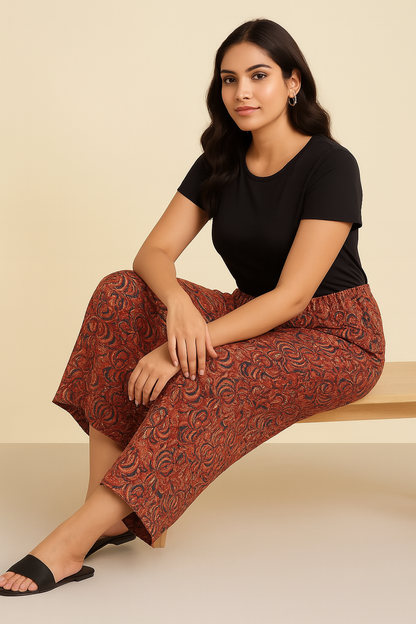 Rust Orange Floral Kalamkari Cotton Plazo Pants for Women – Wide-Leg Ethnic Bottoms