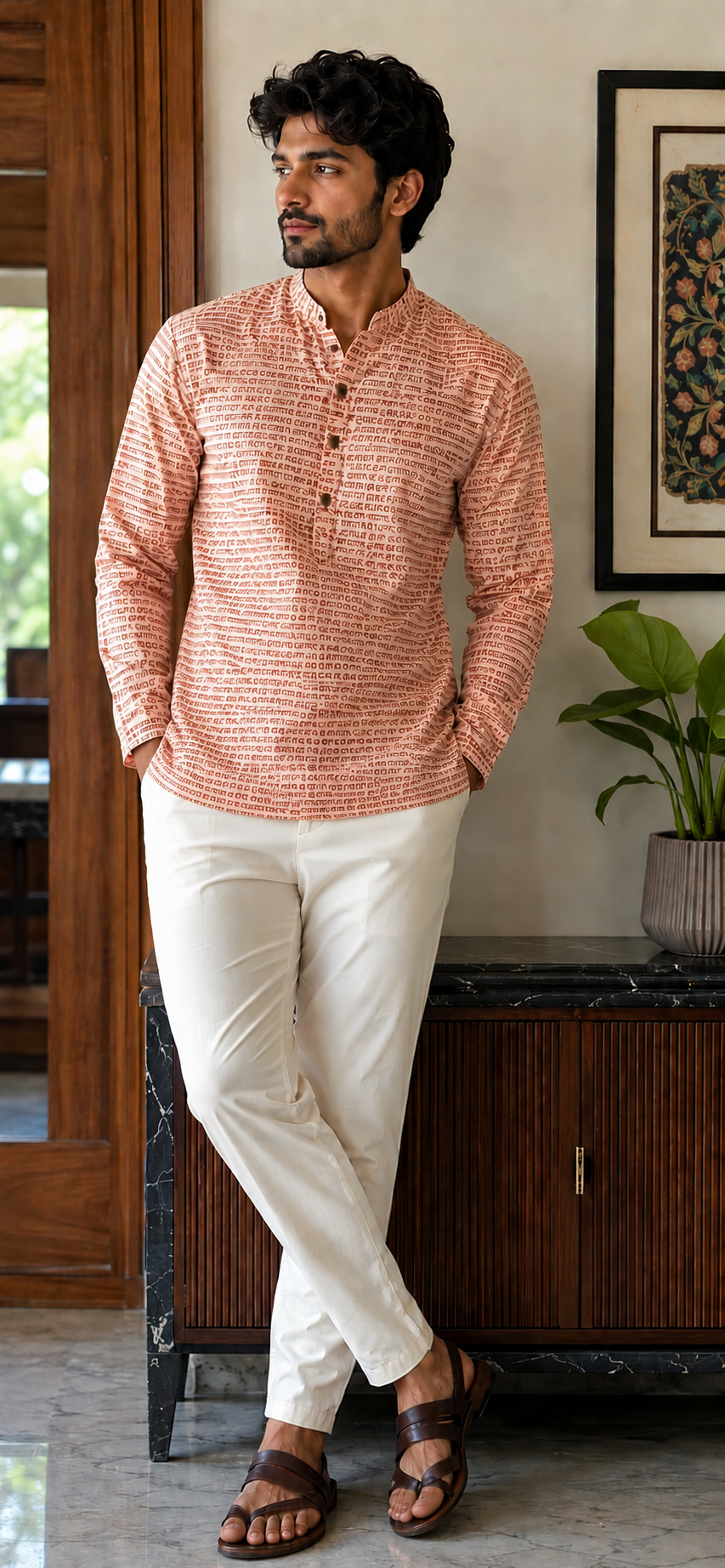 Men Cotton Hand Block Printed Short Kurta | Peach Ethnic Kurta for Men | Casual Mandarin Collar Kurta Shirt for Festive & Daily Wear