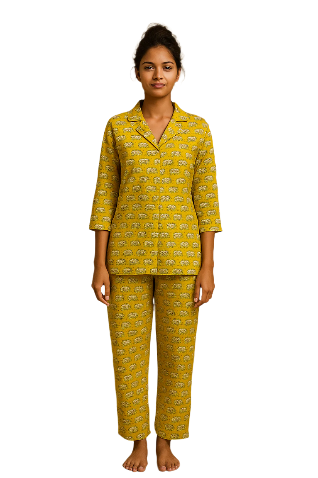 Mustard Yellow Elephant Print Cotton Night Suit